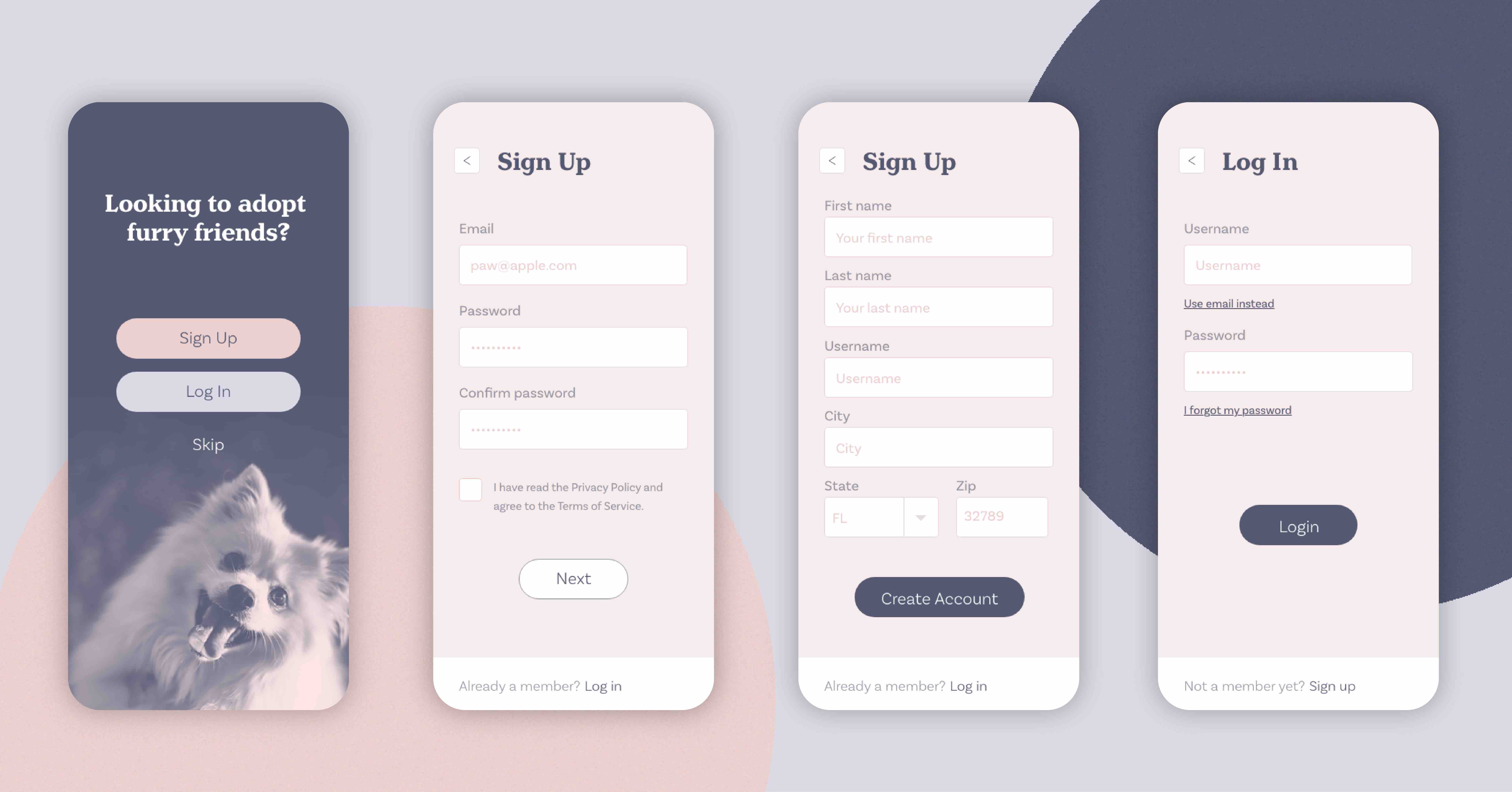 Mobile screen design of a pet adoption app