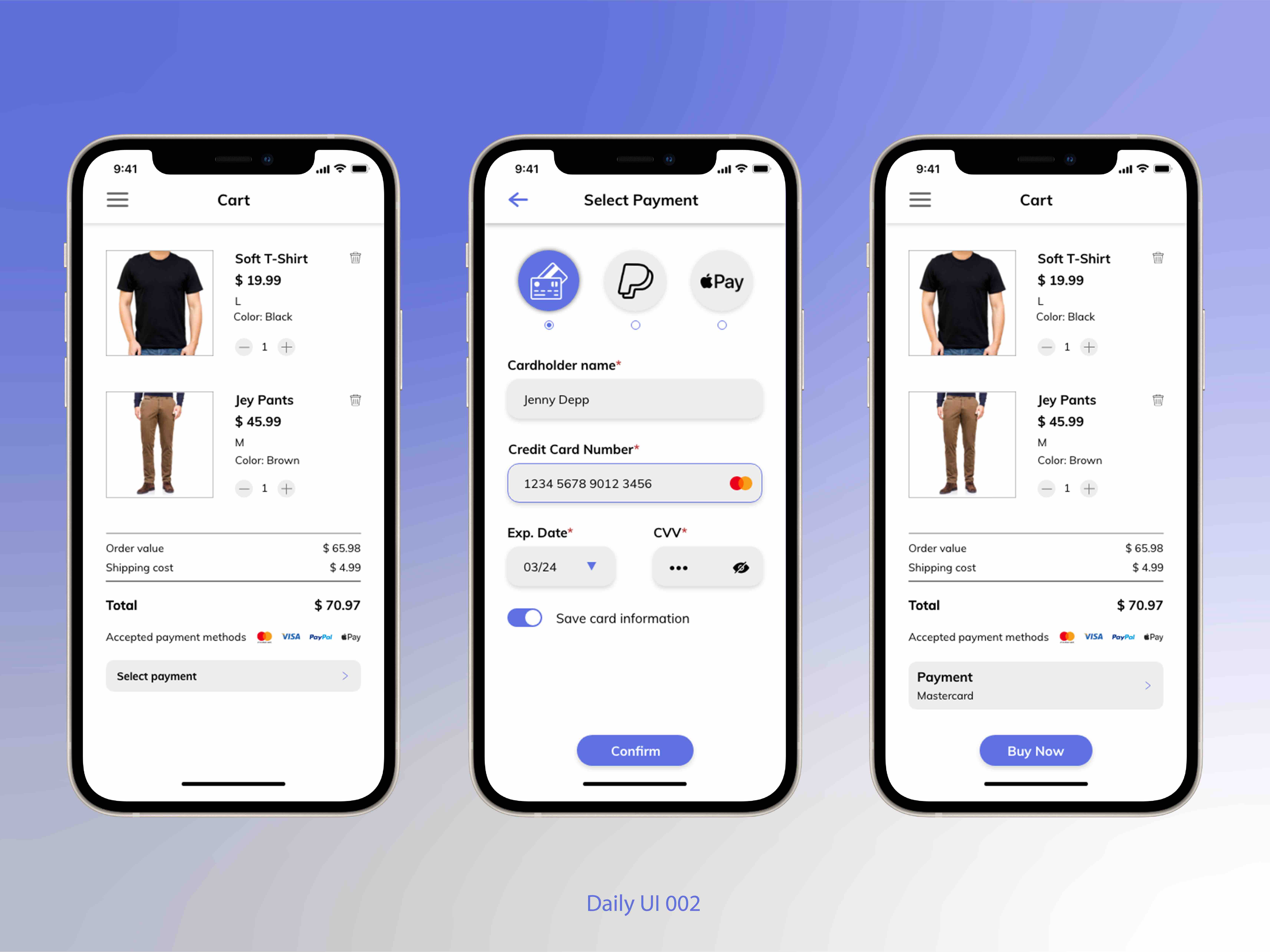 Mobile screen design of a cart checkout of a clothing shop