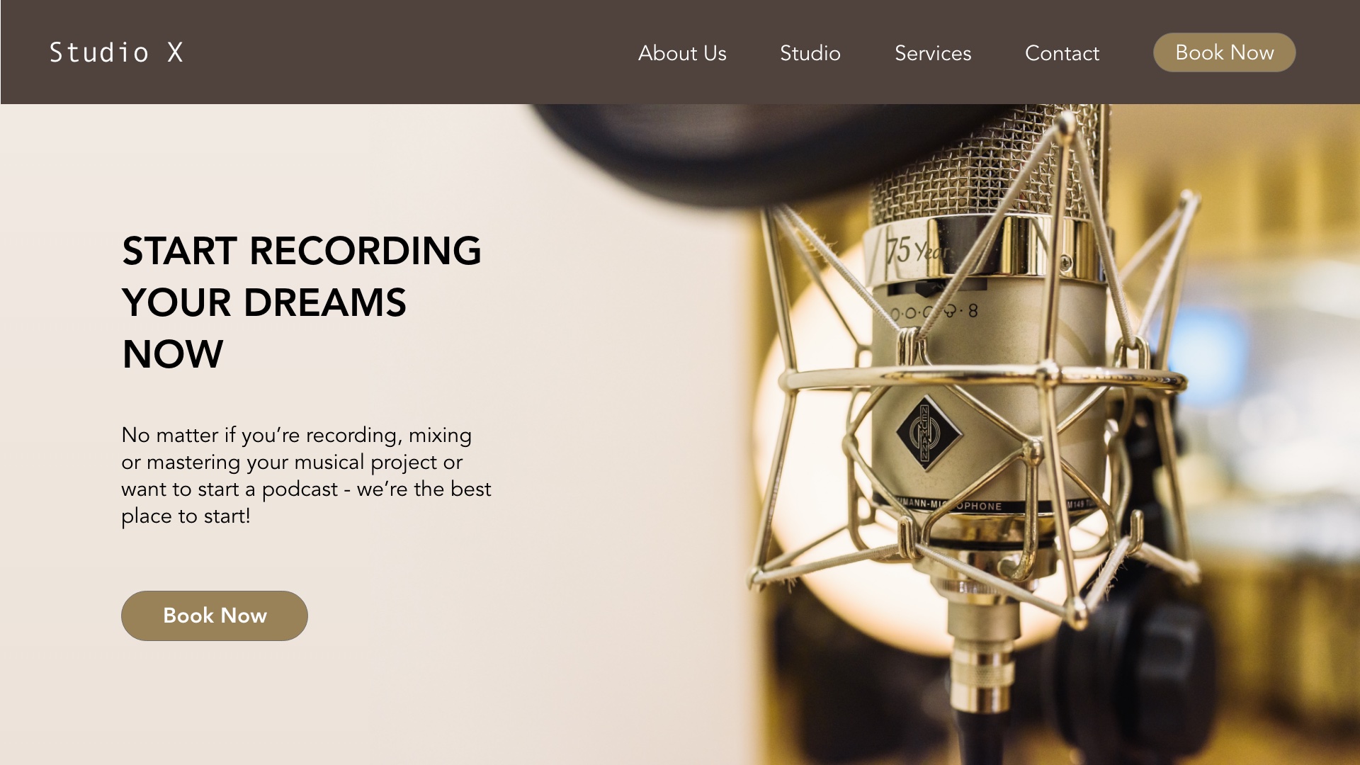 Desktop landing page of a recording studio