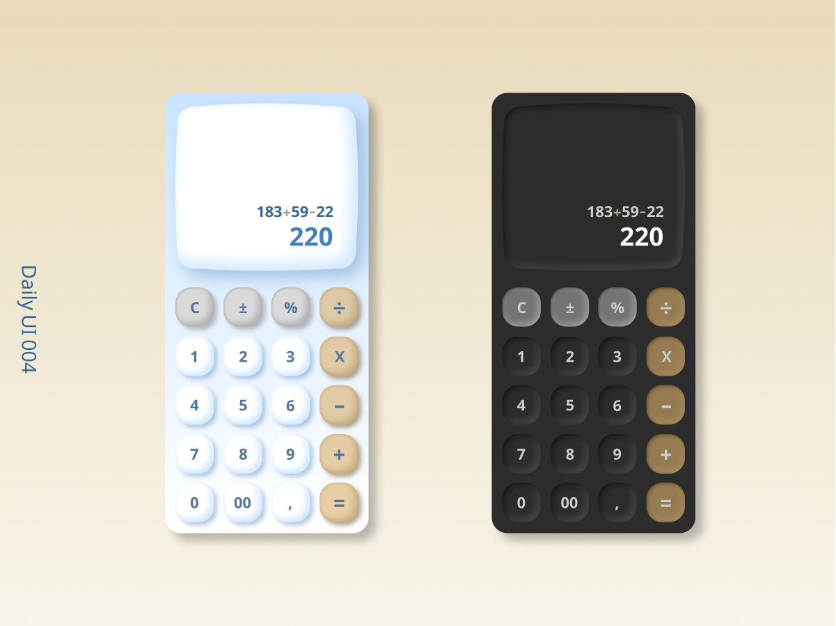Mobile screen design of a calculator in light and dark mode
