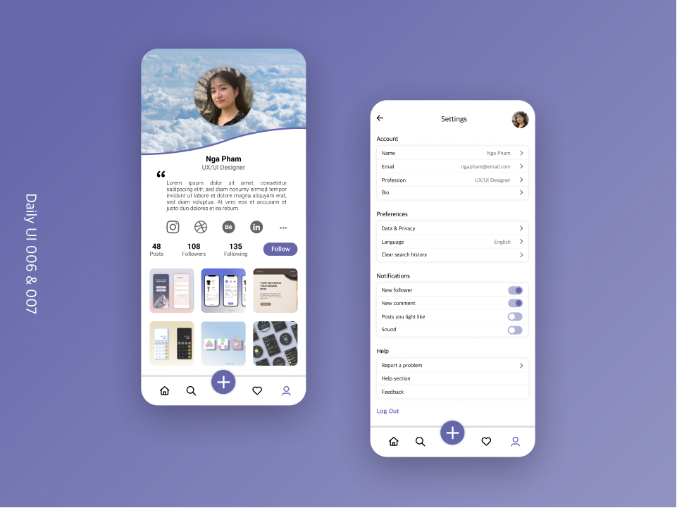 Mobile screen design of user profile and the settings